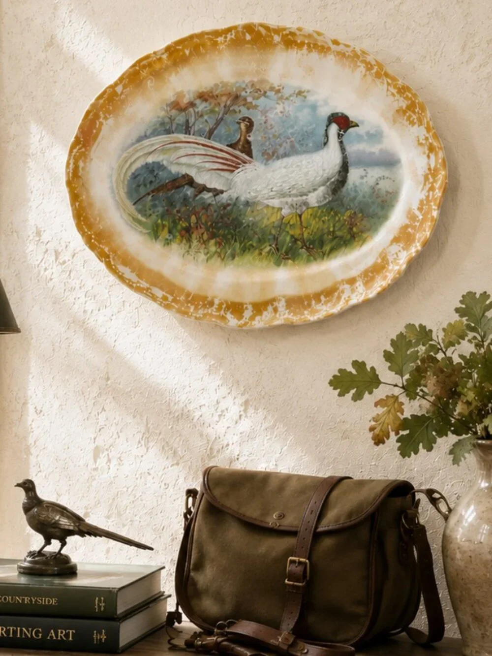 Antique Florence Game Bird Pheasant Lusterware Oval Serving Platter